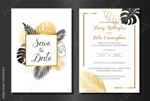 Floral wedding invitation template set with topical leaves. Botanic card design concept