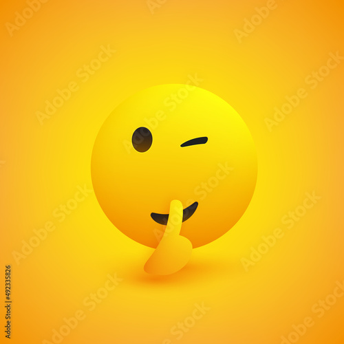 Be Quiet! - Winking, Shushing Face Gesturing - Showing Make Silence Sign - Simple Emoticon for Instant Messaging on Yellow Background - Vector Design Illustration