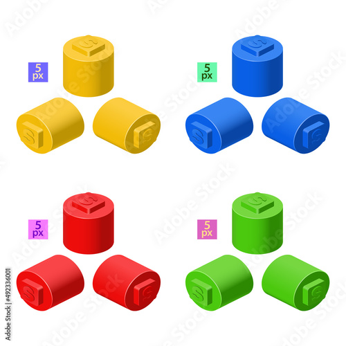 3d set of colored constructor kit in isometry. Small tall cylindrical elements. Vector illustration.