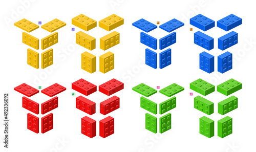3d set of colored constructor kit in isometry. bricks. Vector illustration.