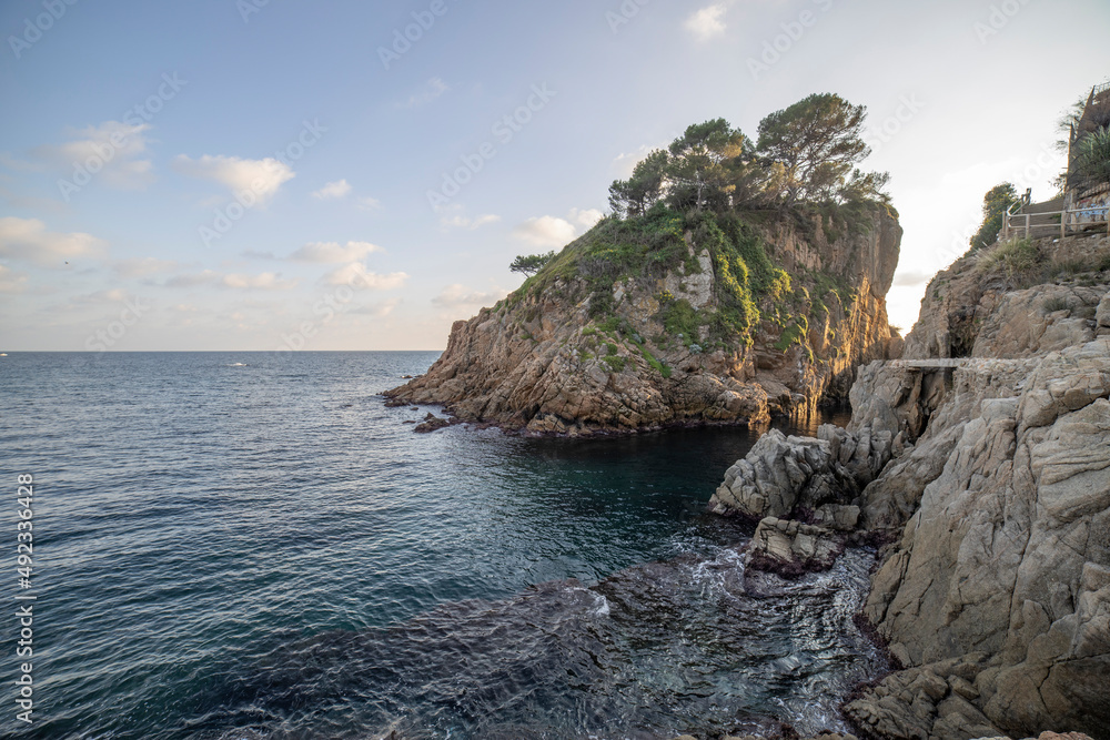 Scenic sea view on a sunny day. Bright greenery and azure sea. Mediterranean Sea, Costa Brava, Spain.