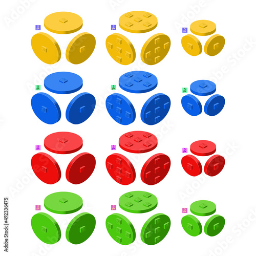 3d set of colored constructor kit in isometry. Collection of disk elements. Vector illustration.