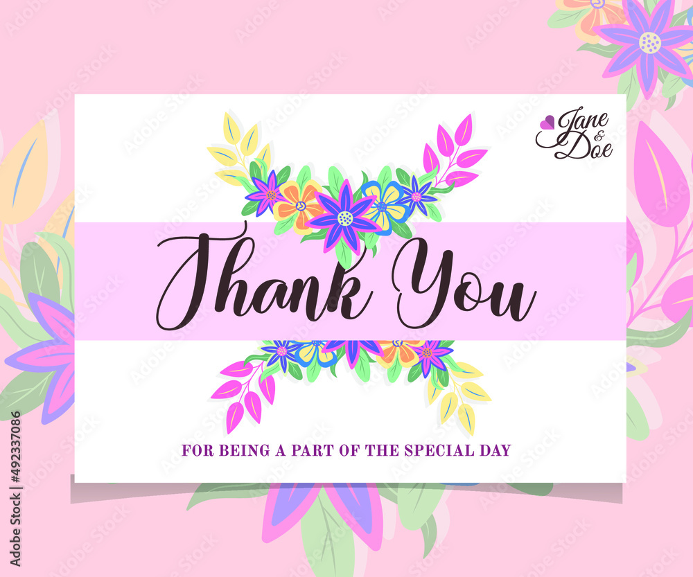 Floral 'Thank You' card with beautiful spring flowers with pink and white background in modern style. Perfect for wedding, greeting or invitation design