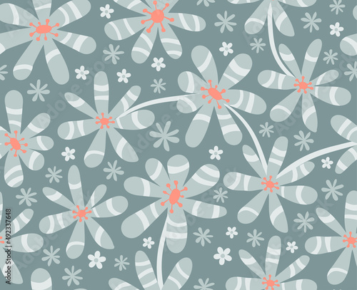 Flower abstract seamless pattern. Vector illustration. Ornamental flower on turquoise background