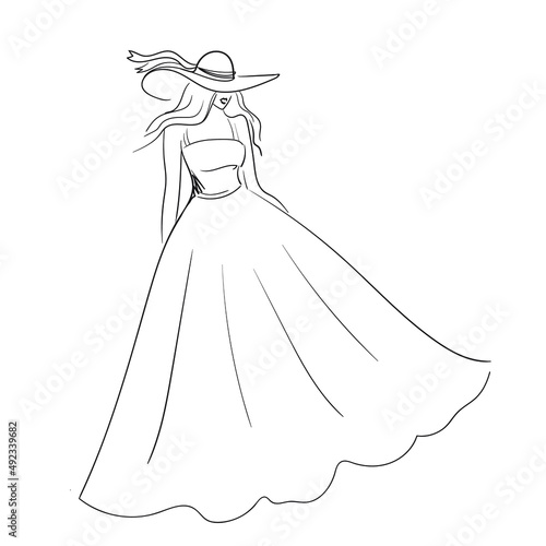 A beautiful woman in a magnificent dress. Stock vector illustration isolated on white background. Linear illustration.