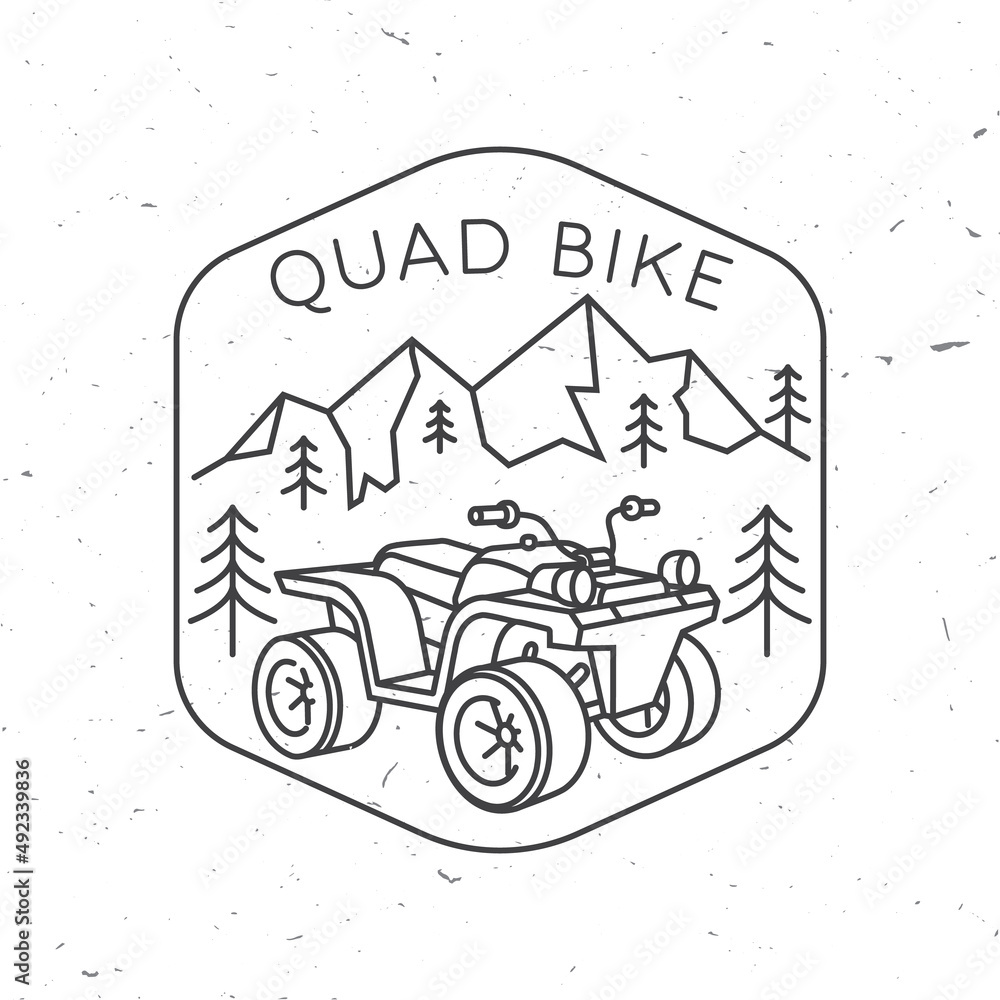Quad bike club. Summer camp. Vector illustration Concept for shirt or logo, print, stamp or tee. Vintage line art design with quad bike and forest. Camping quote