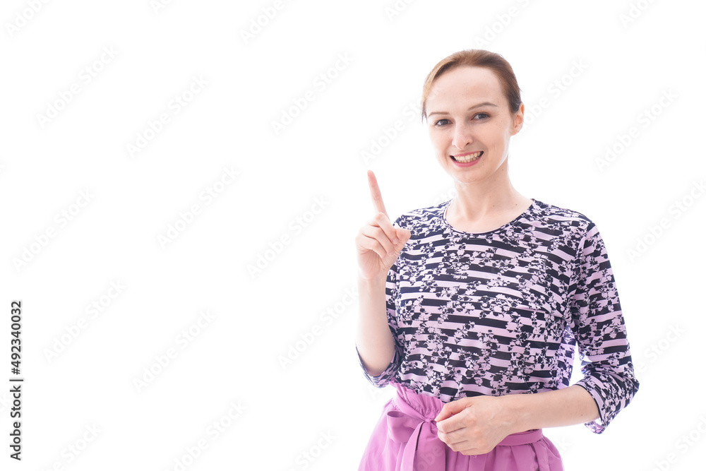 ポイントを指差す私服を着た若い女性 ポイントを指差す私服を着た若い女性