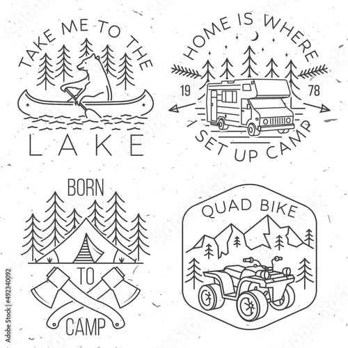 Set of camping badges, patches. Vector illustration. Concept for shirt or logo, print, stamp or tee. Vintage line art design with bear in canoe, lake and forest.