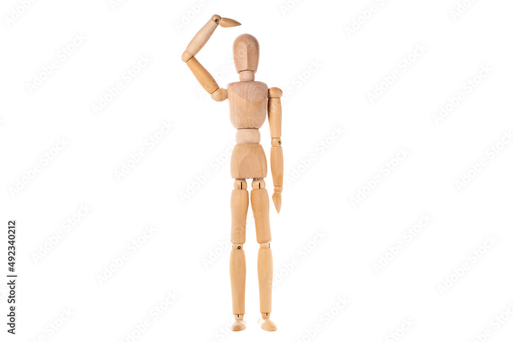 wooden man standing scratching his head isolated on white background wooden man standing scratching his head isolated on white background