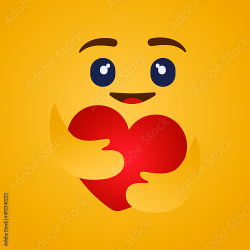 Care emoji with large eyes hugging a heart with both hands. Colored flat vector illustration.