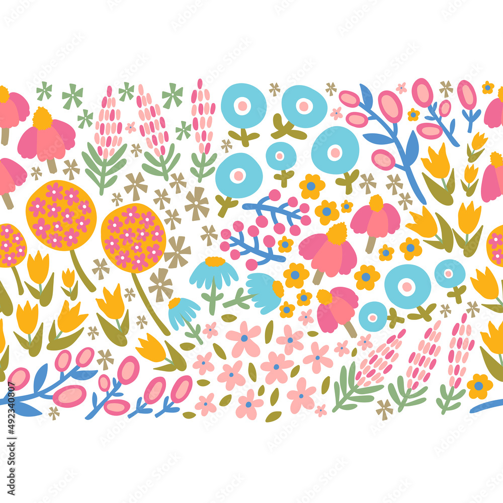 Seamless horizontal decorative flowers border.