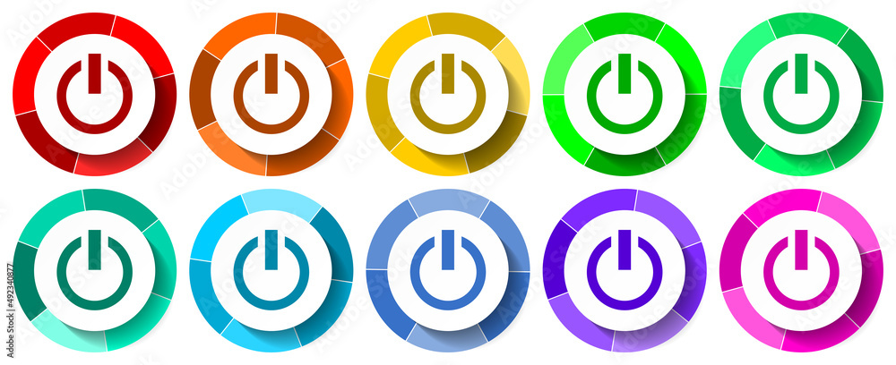 Power icon set, start flat design vector illustration in 10 colors options for mobile applications and webdesign Power icon set, start flat design vector illustration in 10 colors options for mobile applications and webdesign