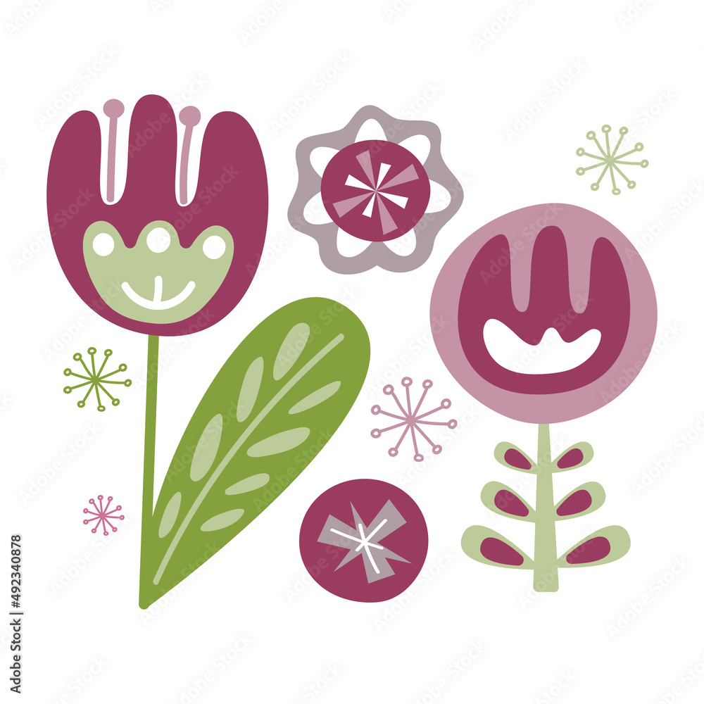 Decorative tulips, daisies, floral elements. Card, poster with flowers in ethno style. Design for home decor Decorative tulips, daisies, floral elements. Card, poster with flowers in ethno style. Design for home decor