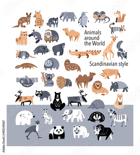 Set of cute animals and plants from all countries and world. Isolated icons in Scandinavian style. Vector illustration.