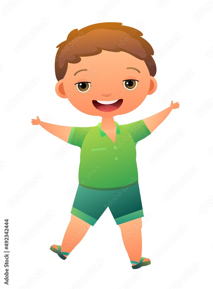 Little Boy preschooler. Person in summer clothes. In coats and slippers. Cheerful funny kid. Baby joy. Cartoon style illustration. Flat design. Cute child. Isolated on white background. Vector