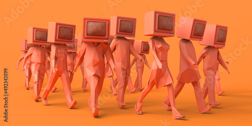 Group of people walking with an old television instead of head. Control and manipulation of mass media. Television audience. 3D illustration. Copy space. photo