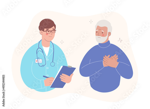 Elderly patient on reception at the doctor. Elderly man has a heartache. Health care and consultation.