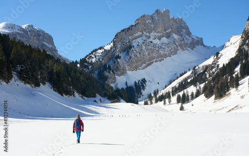 woman hiking in the snowy m...