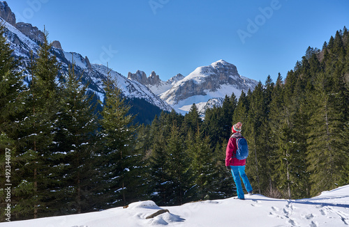 woman hiking in the snowy m...