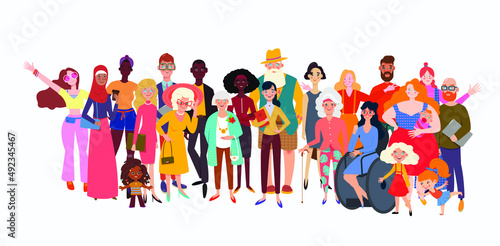 Multicultural People of different nationalities and age. Multinational society. Teamwork, cooperation, friendship concept. Society or population, social diversity. Flat vector illustration. photo