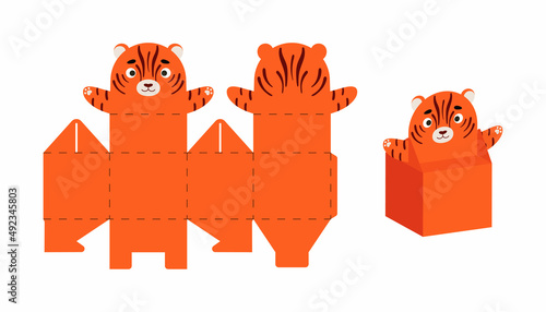 Cute party favor box tiger design for sweets, candies, small presents. DIY package template for any purposes, birthdays, baby showers, Christmas. Print, cut out, fold, glue. Vector stock illustration.