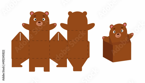 Cute party favor box bear design for sweets, candies, small presents. DIY package template for any purposes, birthdays, baby showers, Christmas. Print, cut out, fold, glue. Vector stock illustration.