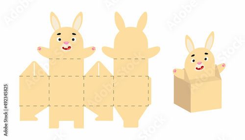 Cute party favor box hare design for sweets, candies, small presents. DIY package template for any purposes, birthdays, baby showers, Christmas. Print, cut out, fold, glue. Vector stock illustration.