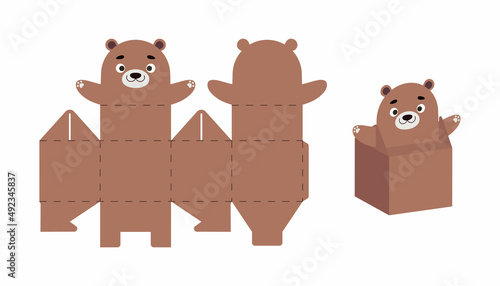 Cute party favor box otter design for sweets, candies, small presents. DIY package template for any purposes, birthdays, baby showers, Christmas. Print, cut out, fold, glue. Vector stock illustration.