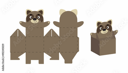 Cute party favor box raccoon design for sweets, candies, small presents. DIY package template for any purposes, birthdays, baby shower, Christmas. Print, cut out, fold, glue. Vector stock illustration