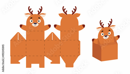 Cute party favor box deer design for sweets, candies, small presents. DIY package template for any purposes, birthdays, baby showers, Christmas. Print, cut out, fold, glue. Vector stock illustration.