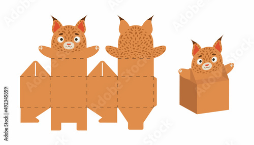 Cute party favor box lynx design for sweets, candies, small presents. DIY package template for any purposes, birthdays, baby showers, Christmas. Print, cut out, fold, glue. Vector stock illustration.