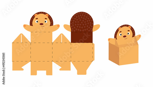Cute party favor box hedgehog design for sweets, candies, small presents. DIY package template for any purposes, birthdays, baby shower, Christmas. Print, cutout, fold, glue. Vector stock illustration