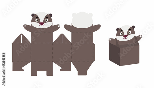 Cute party favor box badger design for sweets, candies, small presents. DIY package template for any purposes, birthdays, baby showers, Christmas. Print, cut out, fold, glue. Vector stock illustration