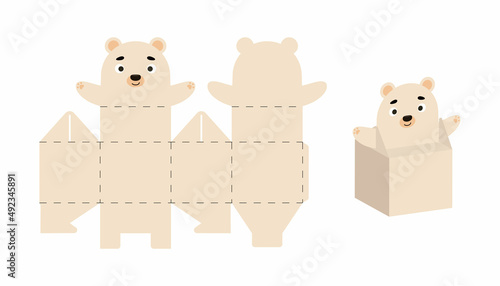 Cute party favor box polar bear design for sweets, candies, small presents. Package template for any purposes, birthdays, baby showers, Christmas. Print, cut out, fold, glue. Vector stock illustration