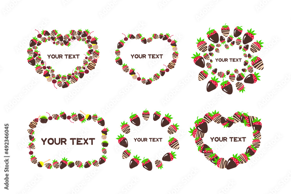 Cute lovely cards set for birthday, Valentine's Day, wedding, candy shop. Sweets, candy, fruits, chocolate, berry, strawberry, cookie, heart cookie. Romantic frames for text.