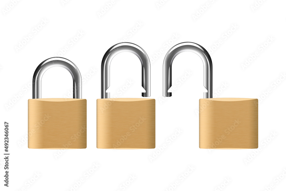 Locked and unlocked padlock mockup isolated on white background. 3d rendering. Locked and unlocked padlock mockup isolated on white background. 3d rendering.