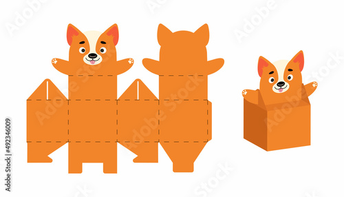 Cute party favor box dog design for sweets, candies, small presents. Package template for any purposes, birthdays, baby shower, Christmas. Print, cut out, fold, glue. Vector stock illustration