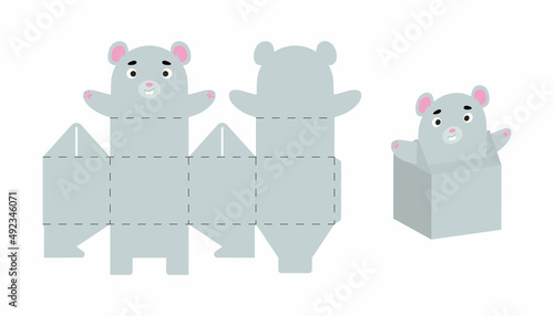 Cute party favor box mouse design for sweets, candies, small presents. Package template for any purposes, birthdays, baby shower, Christmas. Print, cut out, fold, glue. Vector stock illustration