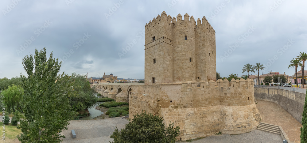 View at the Calahorra tower, Torre de la Calahorra, Islamic origin, a fortified gate, Roman Bridge and Guadalquivir river, on historic downtown center of Córdoba, Spain