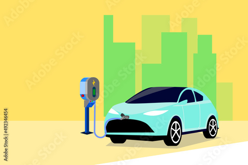 Flat design concept.EV Car Charging at station.Electric vehicle charging technology vector illustration,Isolate background.