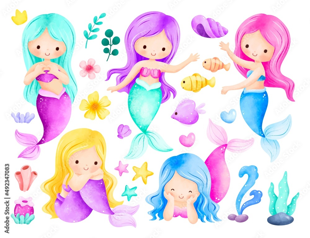 Watercolor Illustration Mermaid and Elements Watercolor Illustration Mermaid and Elements