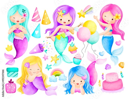 Watercolor Illustration Mermaid and Birthday Elements 
