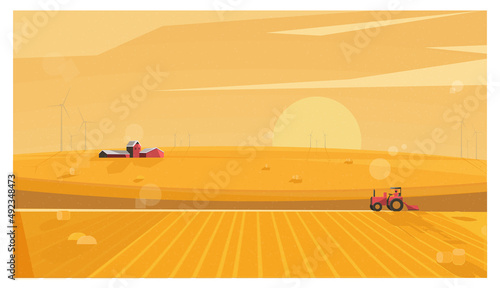 Sunset at countryside.Peaceful scene of farmer working in crops farm. Lens flare and grainy texure.Landscape vector illustration.