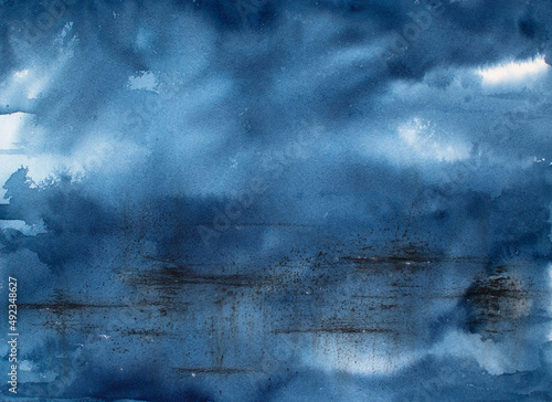 Watercolor painting - indigo abstract landscape