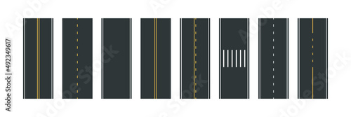 Asphalt road, highway set. Construction of track with lanes for direction. Urban traffic elements. Vector