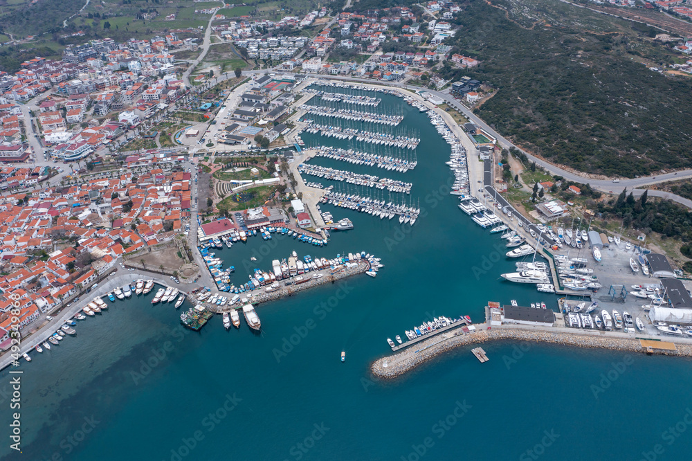 Sigacik harbour and castle view. Sigacik is populer tourist attraction in Turkey.