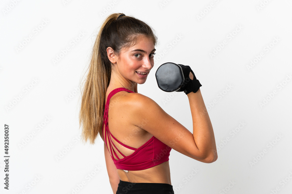 Young caucasian woman isolated on white background making weightlifting Young caucasian woman isolated on white background making weightlifting