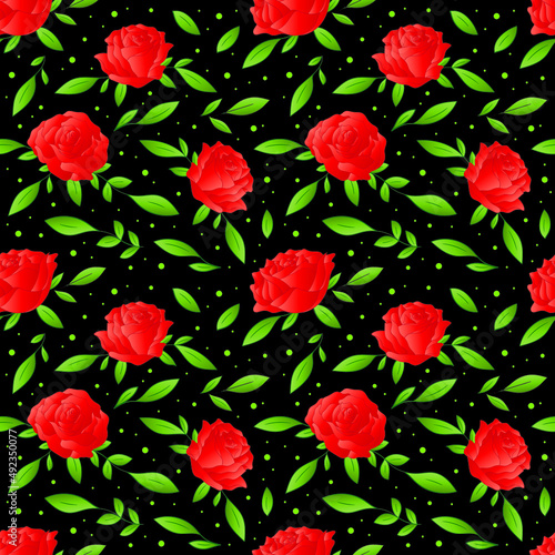 Red roses seamless pattern on black background. Vector illustration.