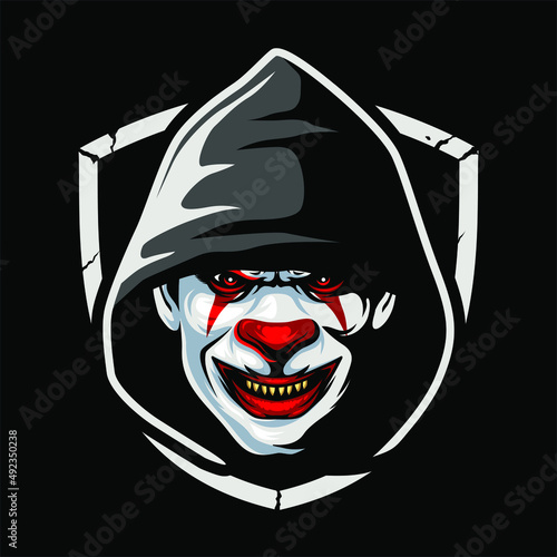 Creepy clown faces with hoodie and shield, Design element for logo, poster, card, banner, emblem, t shirt. Vector illustration