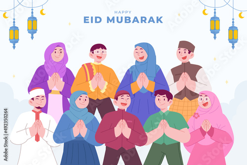 Ramadan kareem mubarak happy moslem family celebrating eid al fitr to all muslim, with kids children and parents. suitable for Greeting card, invitation and banner. flat vector illustration